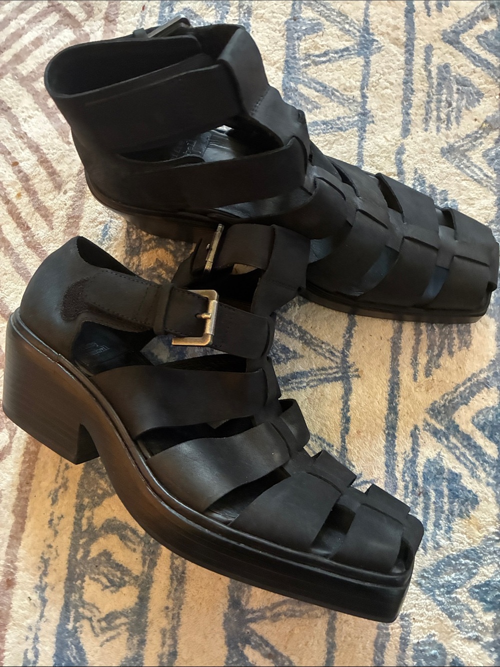 Jeffrey Campbell Elective Black Leather  Ankle Strap Block Heel Sandals
